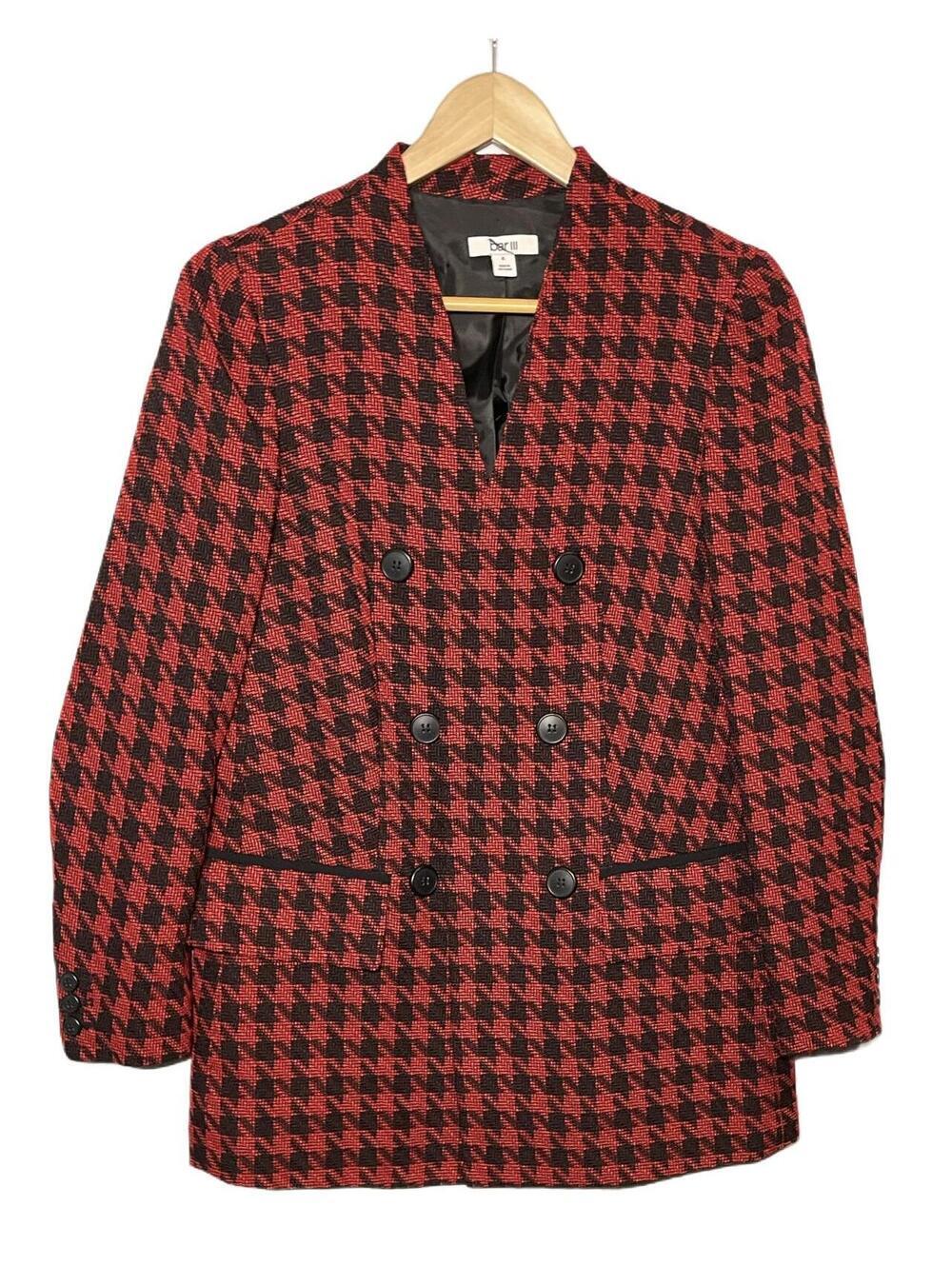 Bar III Red and Black Houndstooth Collarless Double-Breasted Blazer, Size 6 - Picture 2 of 5